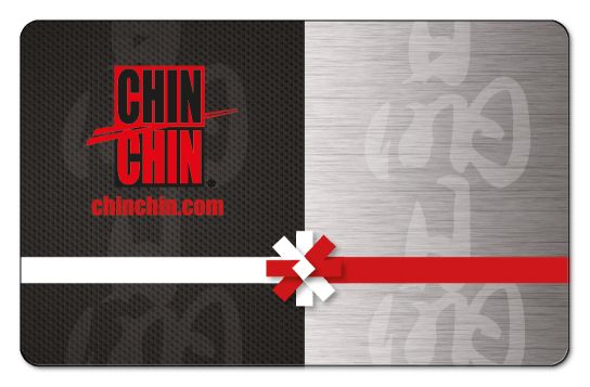 chin chin red logo with white and red bow on a black and silver split background